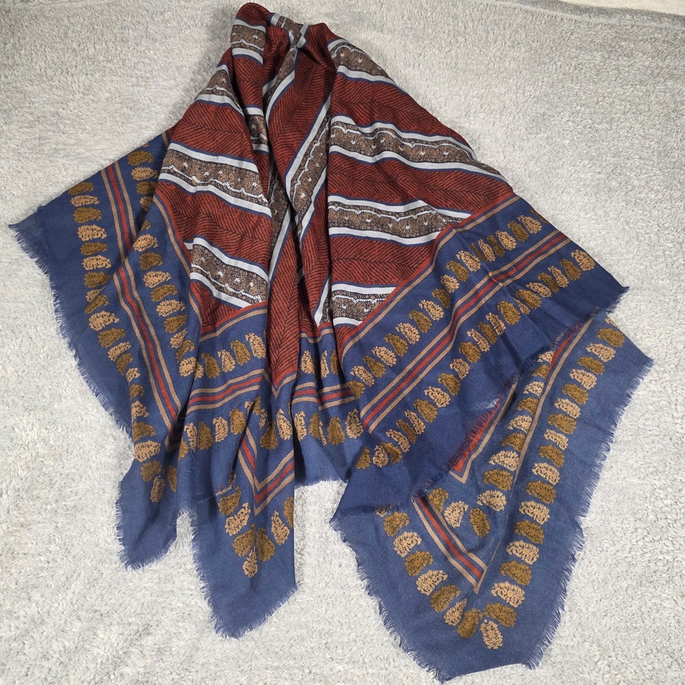 Blue and Rust Printed Women's Scarf with Gold Motif